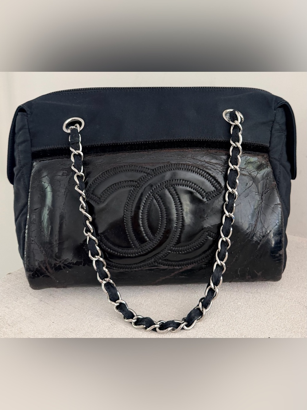 CHANEL Black Patent Fabric CC Chain Bowler Shoulder Bag
